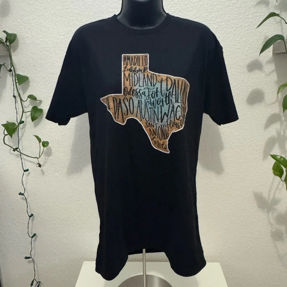 Texas Cities Graphic Tee Black Unisex Short Sleeve Shirt Size M - Picture 1 of 9